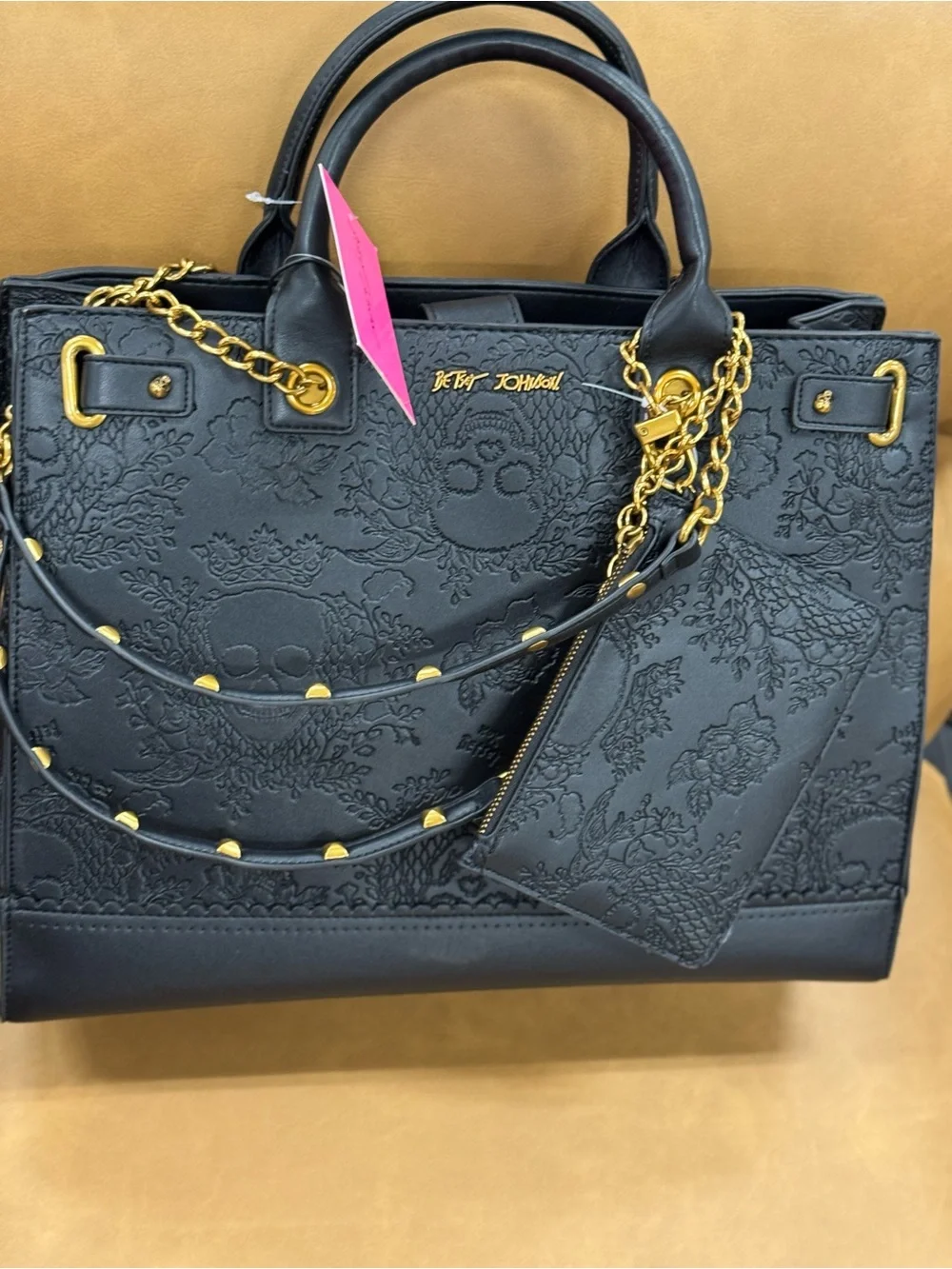 Betsey Johnson Black Embossed Floral & Skull Satchel with Gold Chain